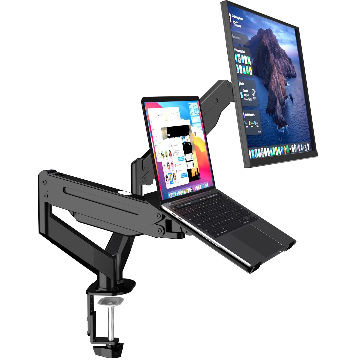 Eliketouse Monitor Arms Laptop Stands Adjustable Dual Monitor Arms Desk Mount for 11"-17" Notebook and 17"-32" Monitor2 in 1 Function Monitor Mount with Laptop TrayHolds up to 22lbs